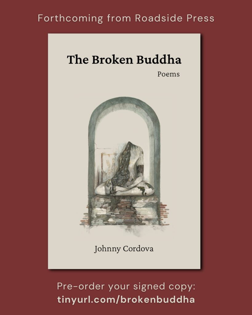 Pencil and gouache illustration of a broken buddha by Harim Choi. Title reads: "The Broken Buddha: Poems" by Johnny Cordova